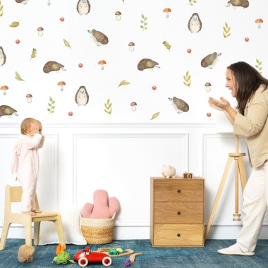 Σετ αυτοκόλλητα τοίχου - Χαριτωμένοι Σκαντζόχοιροι με φύλλα και μανιτάρια